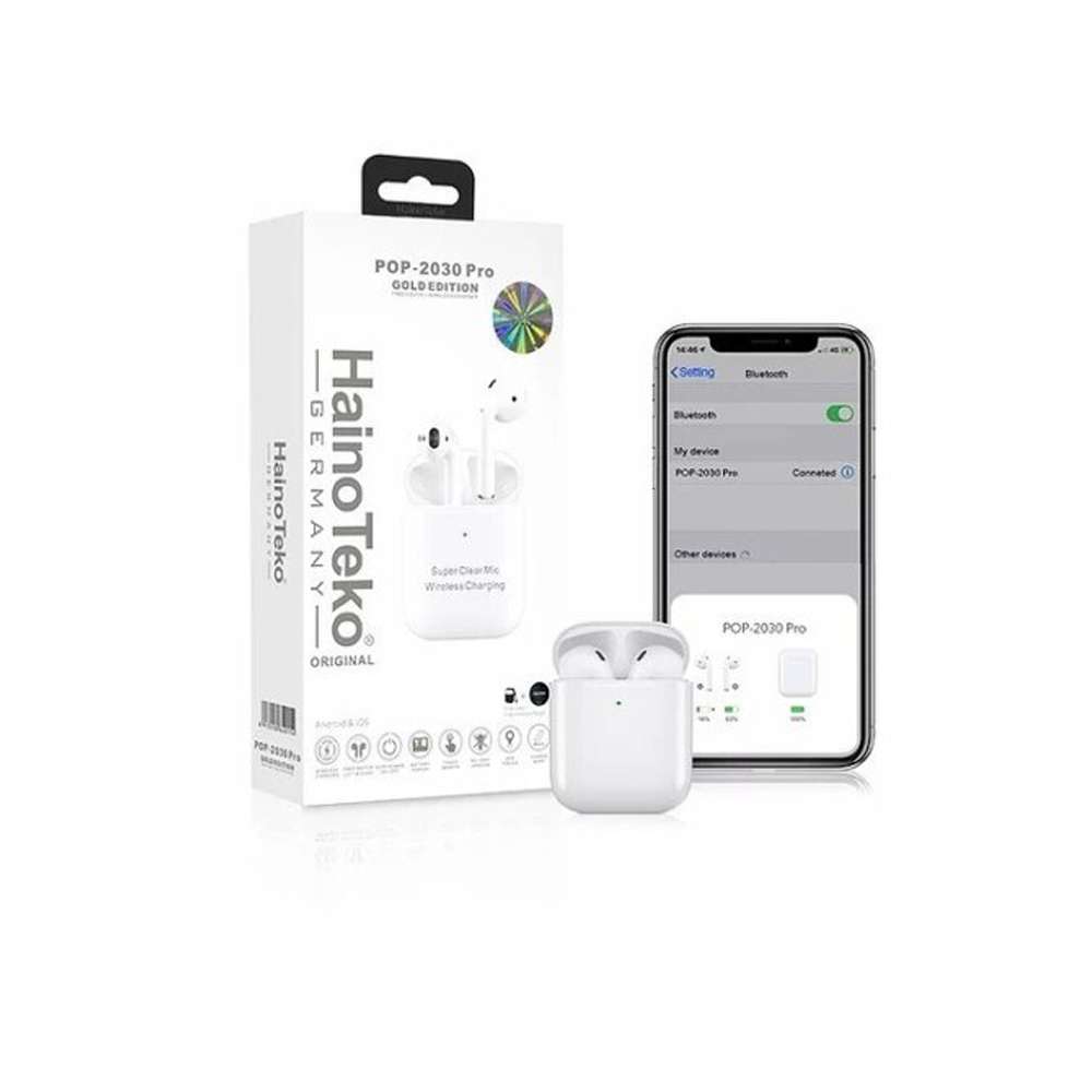Haino Teko Pop 2030 Pro Wireless Airpod with Cover Case and Wireless Charger, White