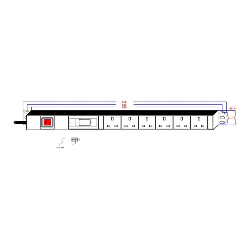 6 Way PDU with 13A Circuit Breaker, 3 Mtr Cable with UK Plug Vertical Mount