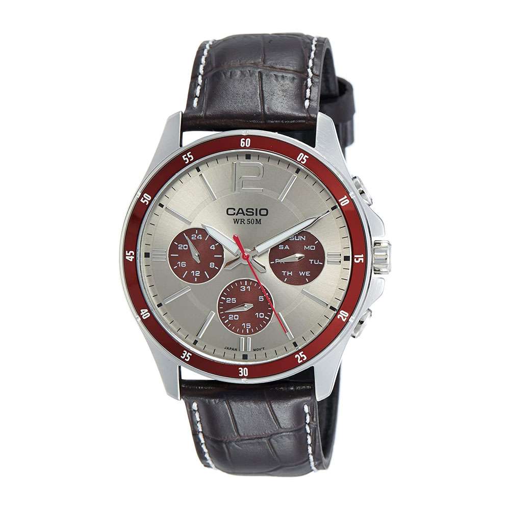 Casio Mens Grey Dial Leather Band Watch, MTP-1374L-7A1VDF