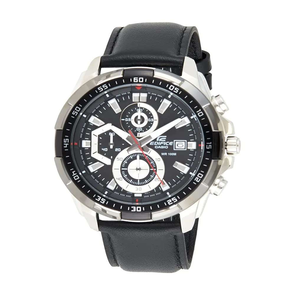 Casio Edifice Mens Analog Leather Watch Black, EFR-539L-1AVUDF